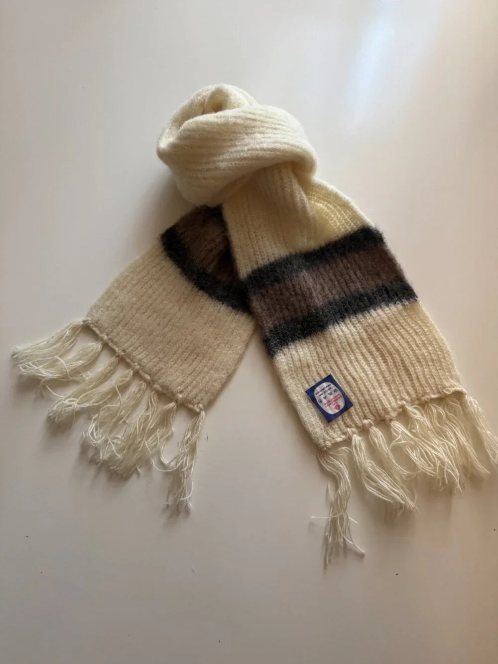 Vintage 100% Iceland Wool Scarf Made in Great Britain Ivory Brown Grey 46